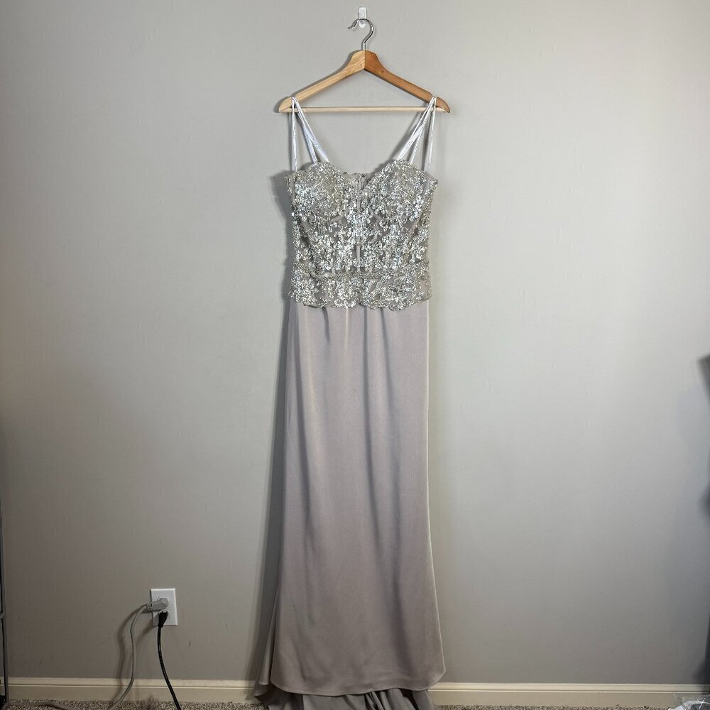 NWOT Montage by Mon Cheri Strapless Beaded Satin Gown Womens 12 Champage Sheer - Picture 2 of 15